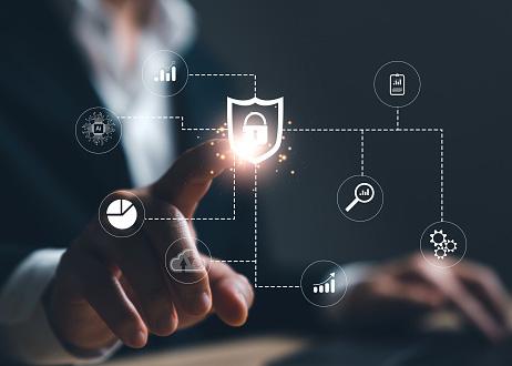 Man using network internet on laptop computer with lock protect virus icon